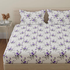 Print King Size Bedsheet With 2 Pillow Cover - 110 X 108 Inches, White & Purple | Soft & Comfortable Feel To Your Skin | Machine Wash In Cold Water