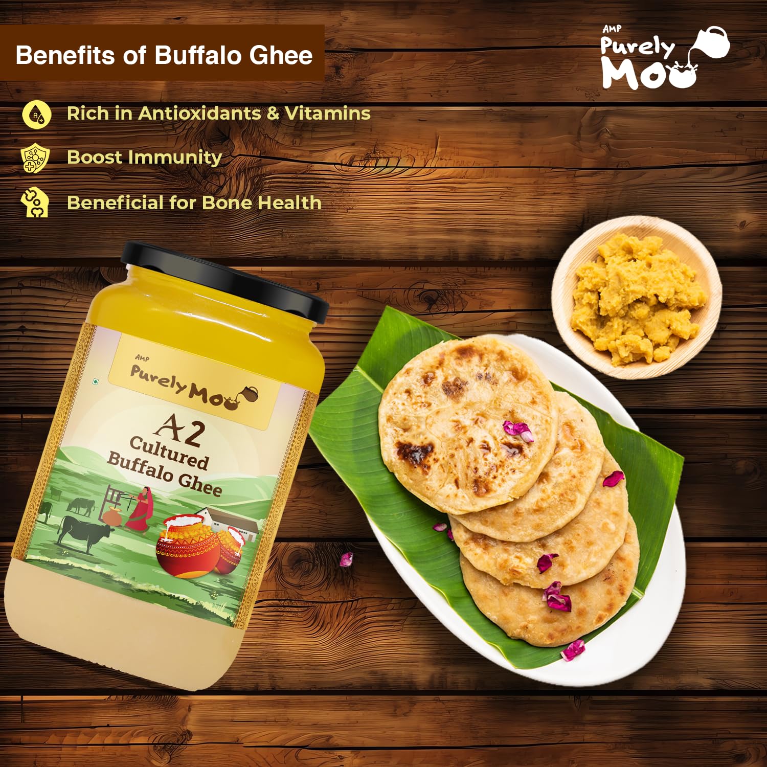 100% Natural A2 Cultured Buffalo Ghee By AMP Purely Moo | Traditional Bilona Method Healthy Buffalo Desi Ghee For Garnish | (500ml) 16.9 Ounce | Jar Pack