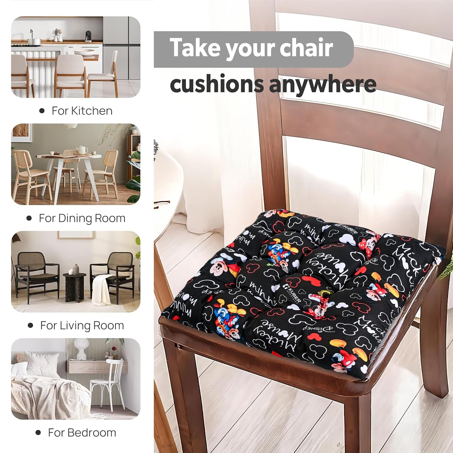 Soft & Comfort Chair Cushion Pad With Ties, Sitting Pillow, Disney Print - Black | Square Shape Pillow Gaddi For Office, Study Chair, Sofa, Pooja Room | Pain Relief Seat Cushion - 6 Pcs