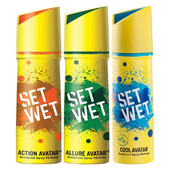 Set Wet Combo Of 3 Deodorant Spray Perfume For Men Cool + Action + Allure Avatar Each 150ml 5 Fl.oz.