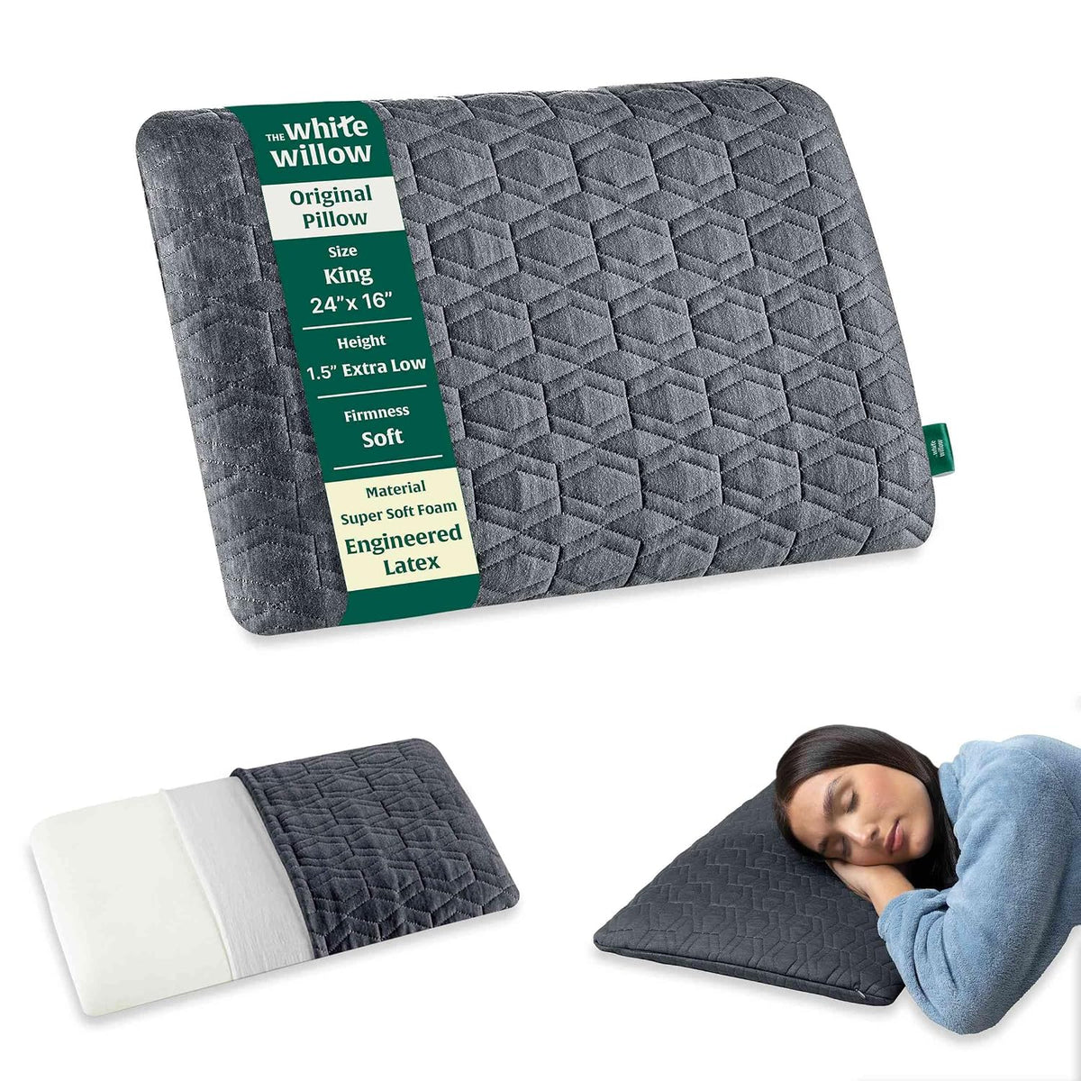 Orthopedic Cervical Pillow, Thin Hard Pillow For Sleeping, Grey, Size - Standard - 1.5 Inch | Ultra Slim Hard Pillow-Extra Firm Slim Pillow For Neck & Shoulder Pain, Washable Cover