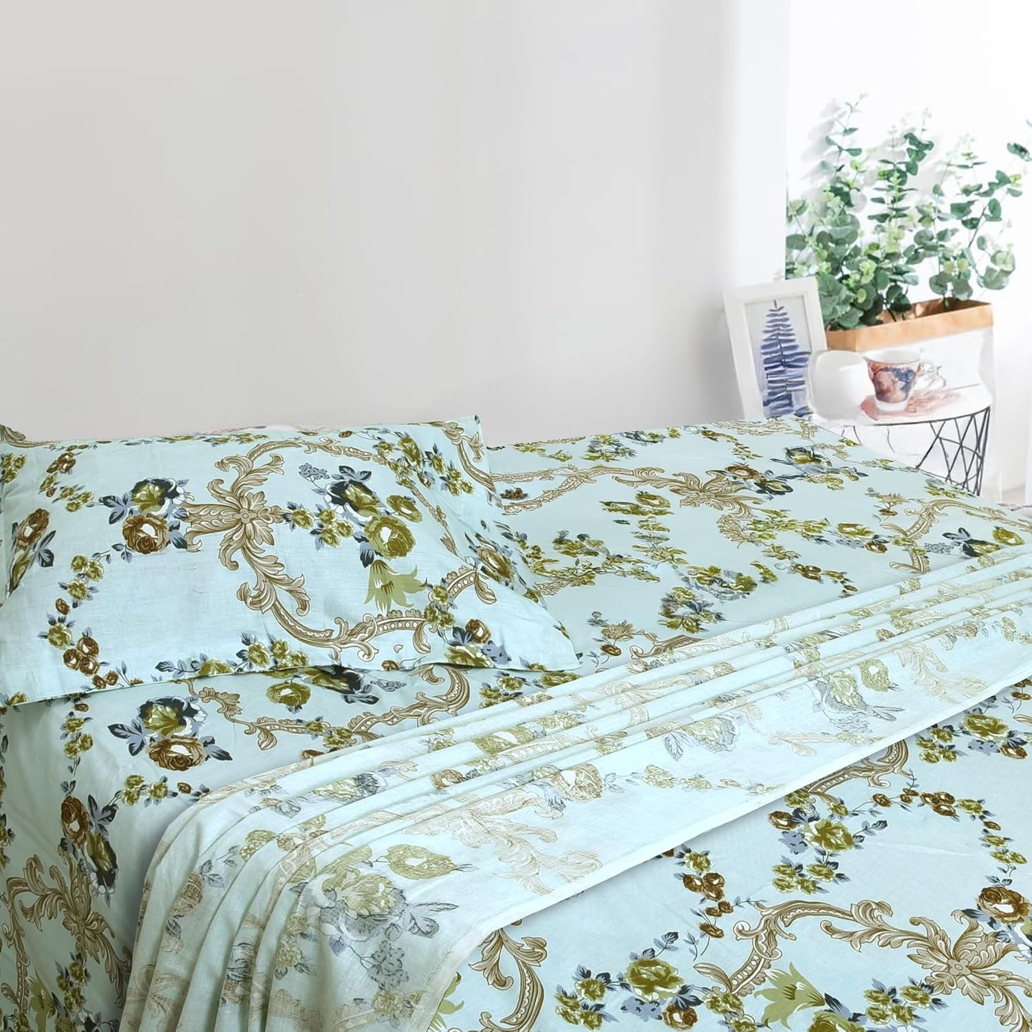 1 Single Bedsheet With One Pillow Covers - 60 X 90 Inches, Seafoam Green | Soft & Breathable Cotton Bedsheet - Long Lasting & Soft 250 Thread Count Bedsheet