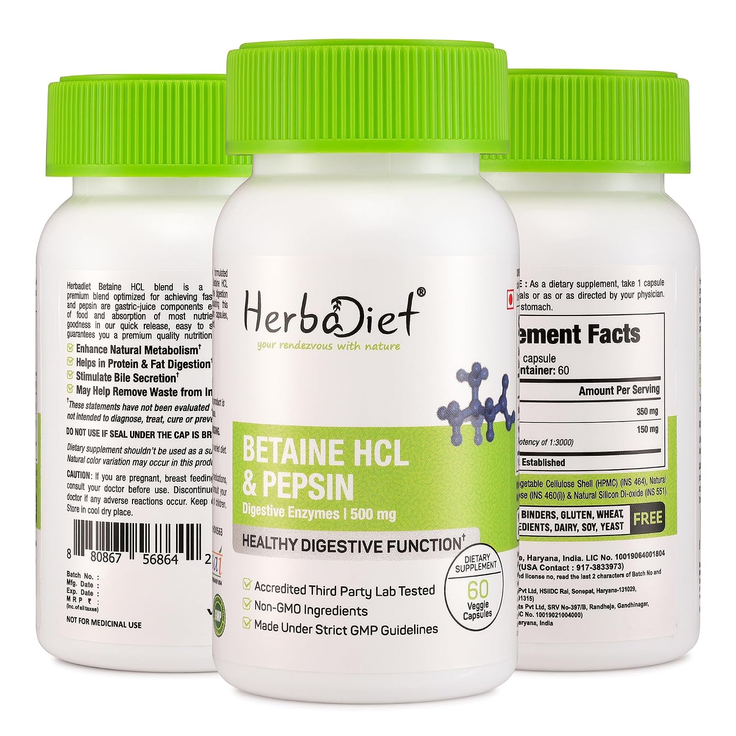 Herbadiet Betaine Hcl + Pepsin 500mg Digestive Enzyme Supplement Gut Health Support, Nutrient Absorption | Veg 60 Capsules, 100gm 0.2lbs