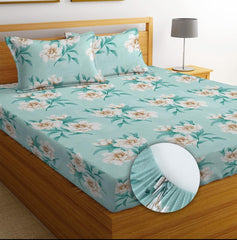 Cotton Elastic Fitted Bedsheets With 2 King Size Pillow Covers | 72 X 78 Inches, Seafoam - Double Bed With All Around Elastic 180 Thread Count Super Soft