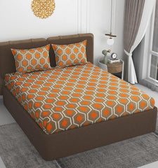 Double Bedsheet With 2 Pillow Covers Size 72 X 72 X 10 Inches, Brown & Orange | Cotton Feel All Around Elastic Fitted - Queen Size Bedsheets, Super Soft