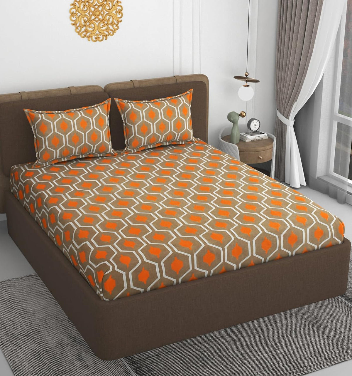 1 Double Bedsheet With 2 Pillow Covers Size 60 X 78 X 8 Inches, Brown & Orange | Cotton Feel All Around Elastic Fitted - Queen Size Bedsheets, Super Soft 320 TC