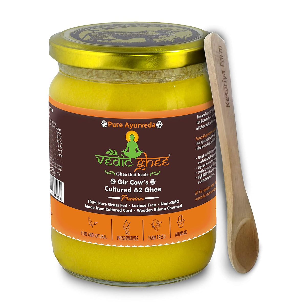 Premium A2 Gir Cow Cultured Desi Ghee From Kesariya Farm By Vedic Ghee | Bilona Two Way Churned Natural & Healthy Ghee Good For Body Health (500ml) | 16.9 Ounce | Jar Pack