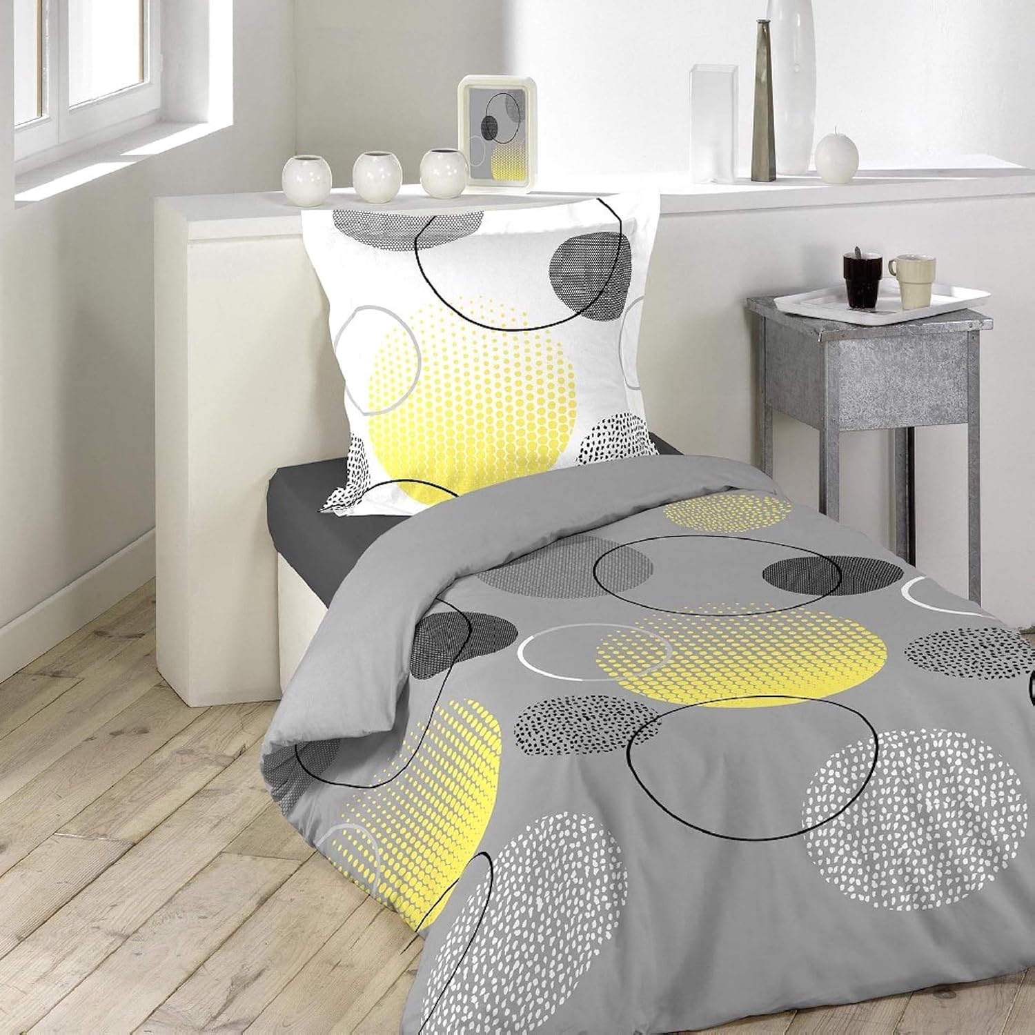 1 Single Bedsheet With 1 Pillow Cover - 54 X 84 Inches, Grey & Yellow | Comfort Meets Everyday Styles | Traditional Ideal For All-Season Use
