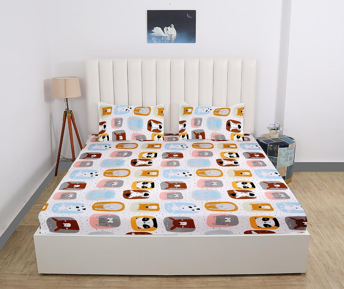 Elastic Fitted Bedsheet For King Size With 2 Pillow Covers - 72 X 78 X 8 Inches, Multicolor | Presents Luxurious Glace Cotton Super Soft 210 Thread Count
