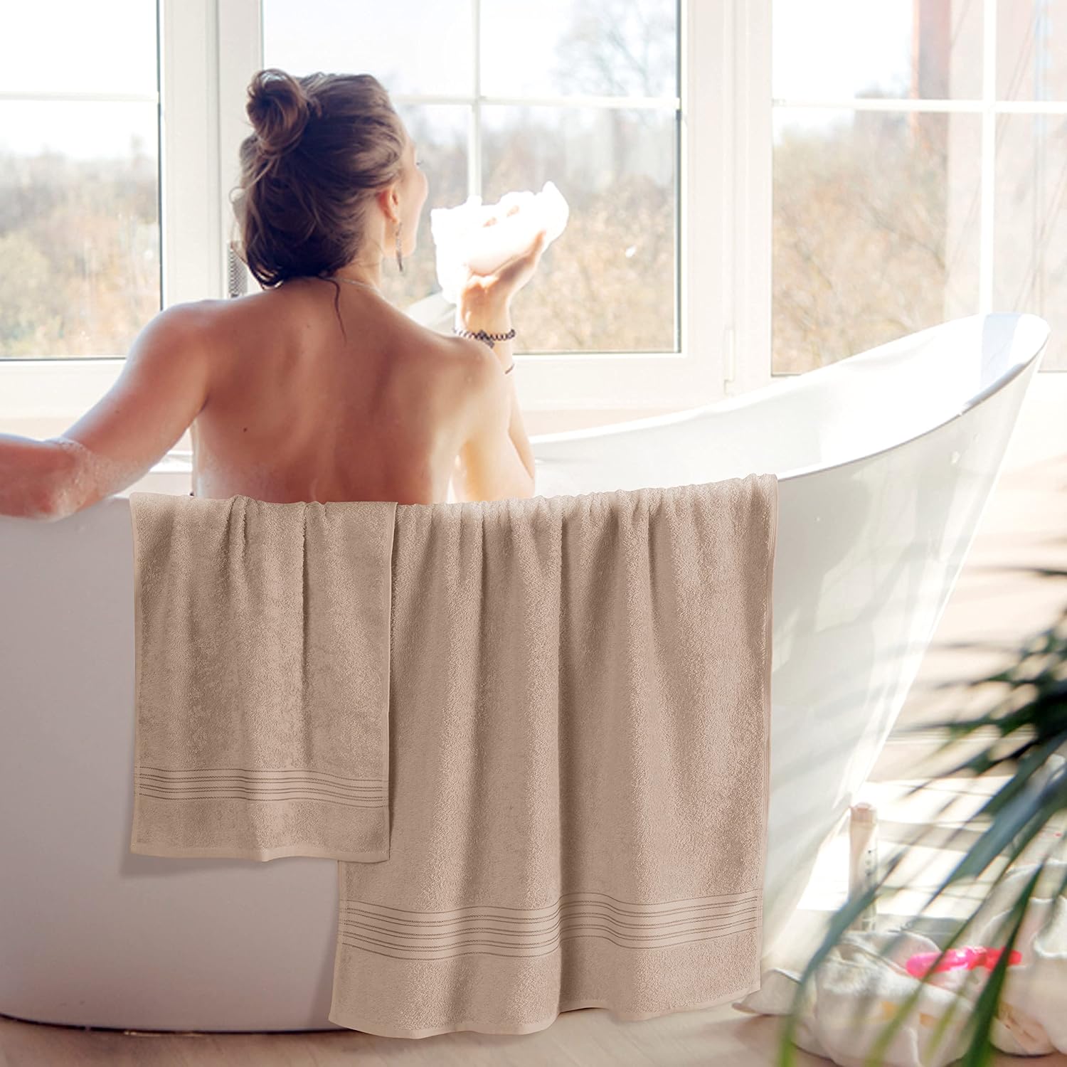 Boutiquo 100% Cotton 2 Bath, 2 Hand & 2 Face Towels 1800 Gsm | Eco-Friendly Towels For Men & Women Ultra Soft & Highly Absorbent - Tan (Set Of 6)