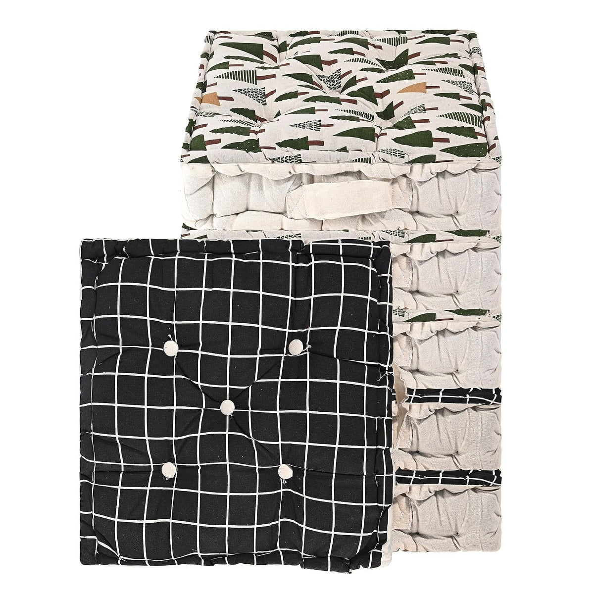 Soft Cotton Chair Cushions For Sitting, Button Pillow, Printed - Black & Green | Pillow For Office Work & Posture Support | Sitting Cushion & Back Rest For Chair | Pain Relief - Pack Of 6