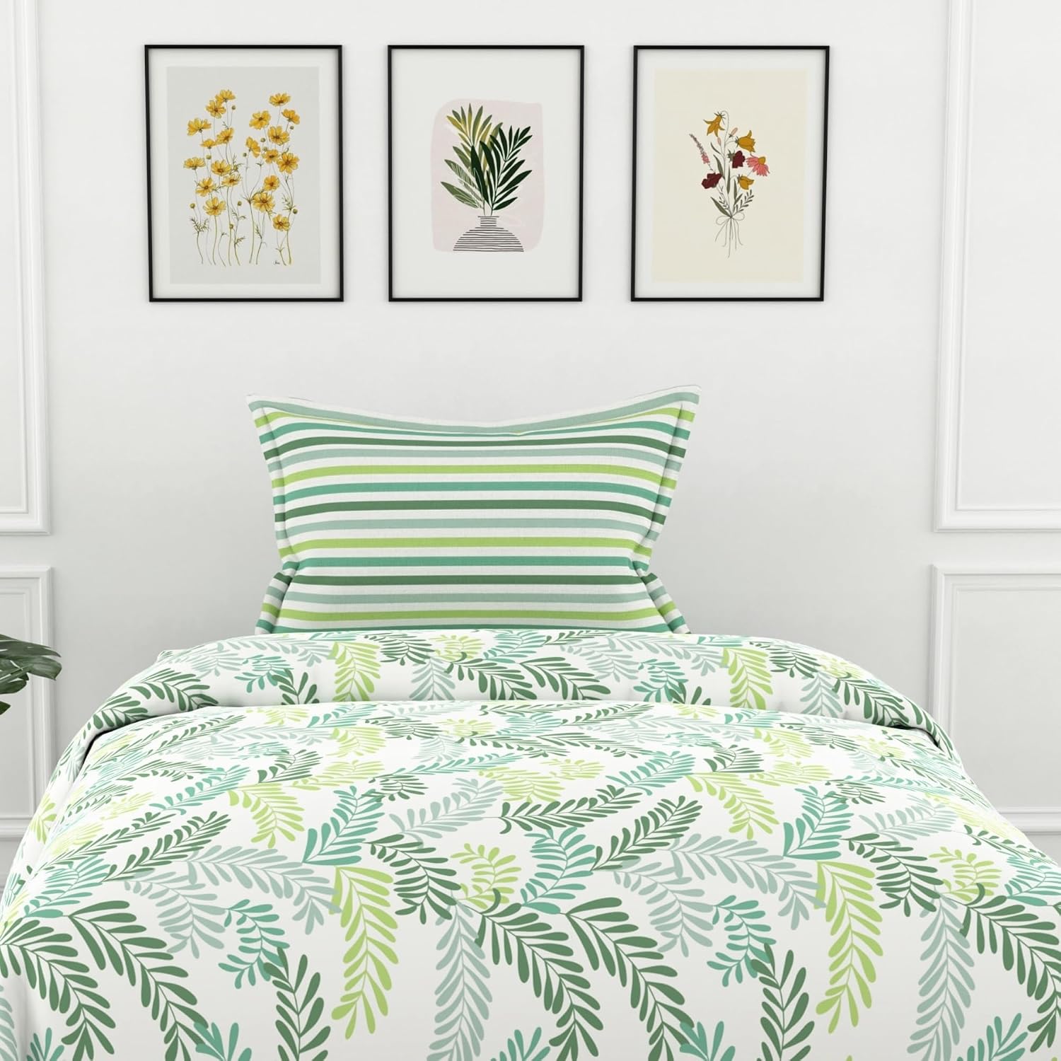 Bedsheet For Single Size With 2 Pillow Covers - 54 X 84 Inches, Cream & Green | Light Weight, Suitable For All Seasons & Easy To Wash