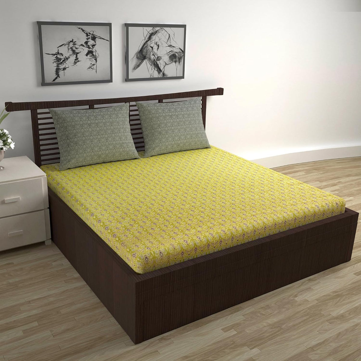 100% Pure Cotton Double Bedsheet For Queen With 2 Pillow Covers - 87 X 100 Inches, Mustard Green | Soft & Durable For Everyday Use & Bedroom - All Season Comfort