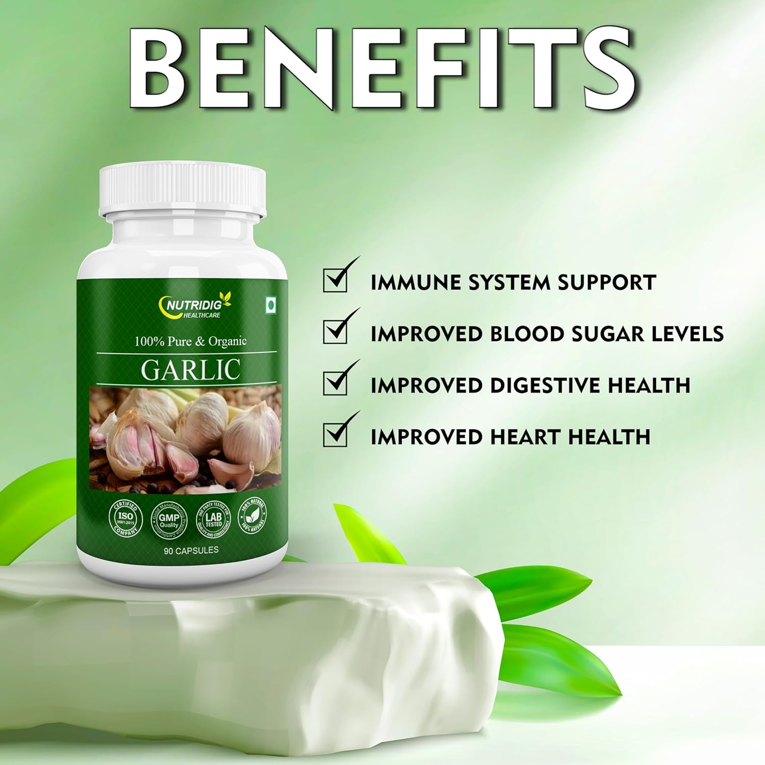 Nutridig's Garlic Extract Capsules, For Manage Cholesterol Level, Healthy Heart, Immunity & General Wellness | 90 Capsules 100gm 0.2lbs