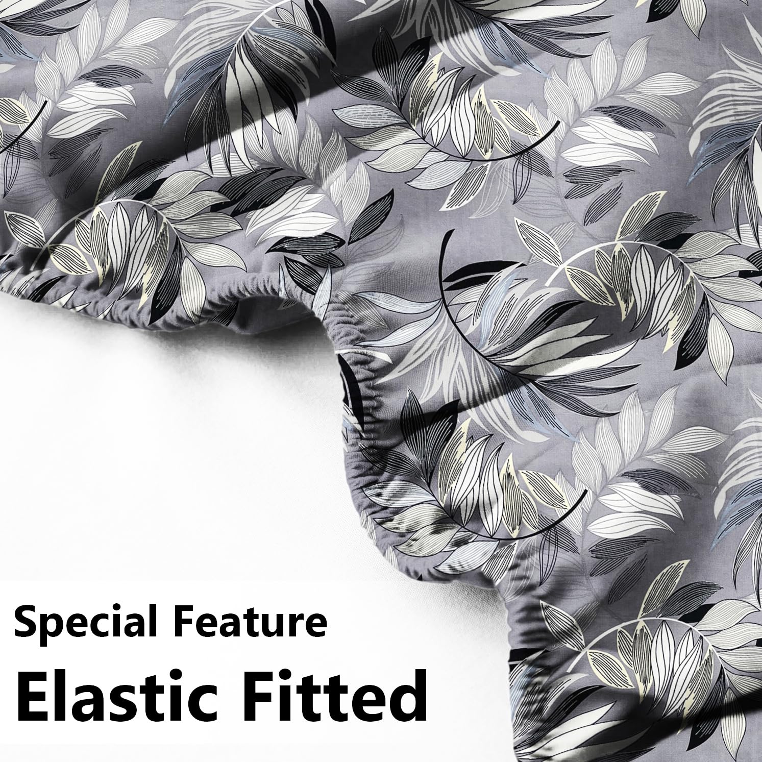 Elastic Fitted Double Bedsheets With 2 Pillow Covers - Size-72x68+6 Inches, Grey & Black | Double Bed With Corner Fit Wrinkle Free Super Soft Floral Pattern Breathable