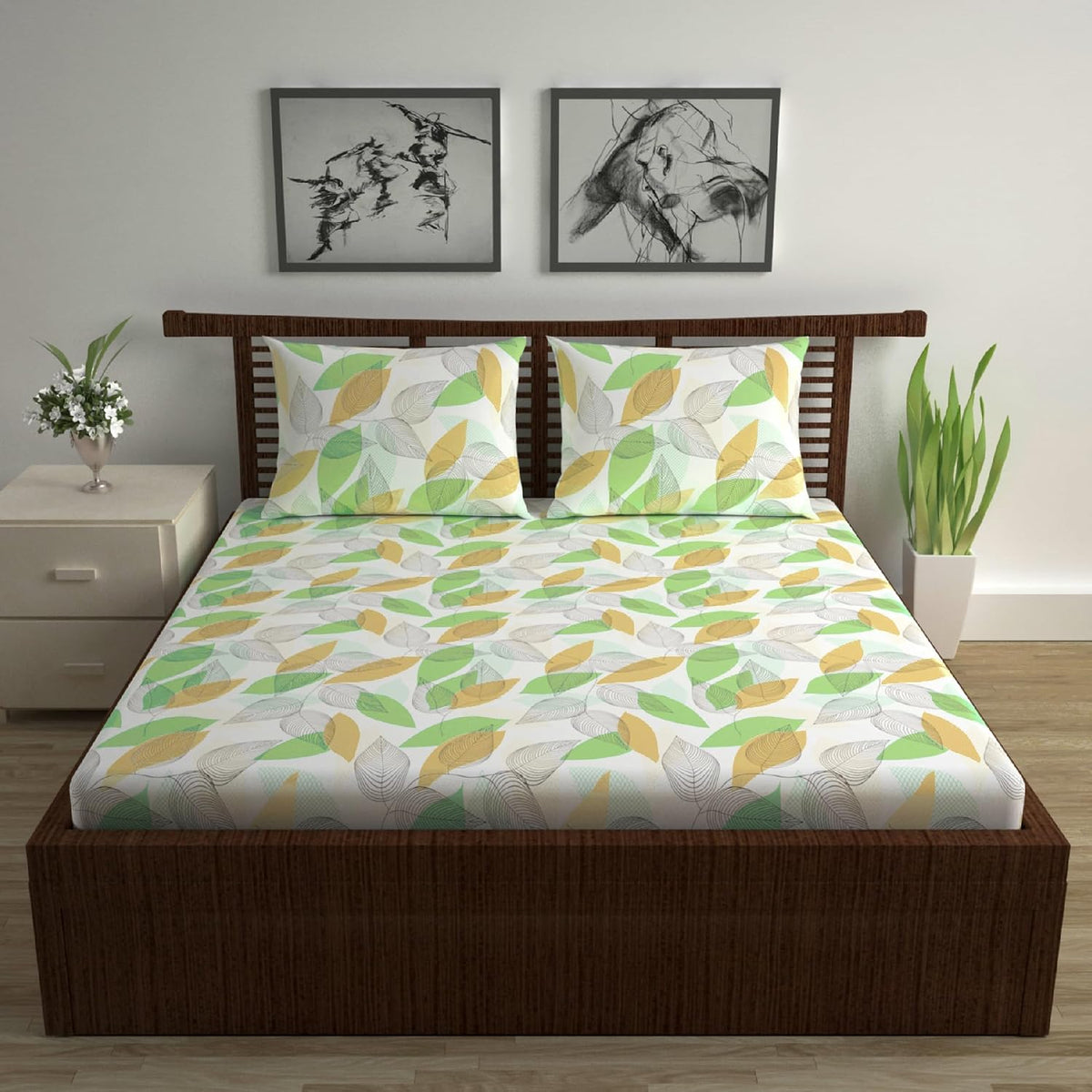 100% Cotton Double Bedsheet With 2 Pillow Cover - 87 X 100 Inches, Sage & Mustard | Lightweight, Soft, Skin Friendly - Durable Bedsheets For Everyday Comfort