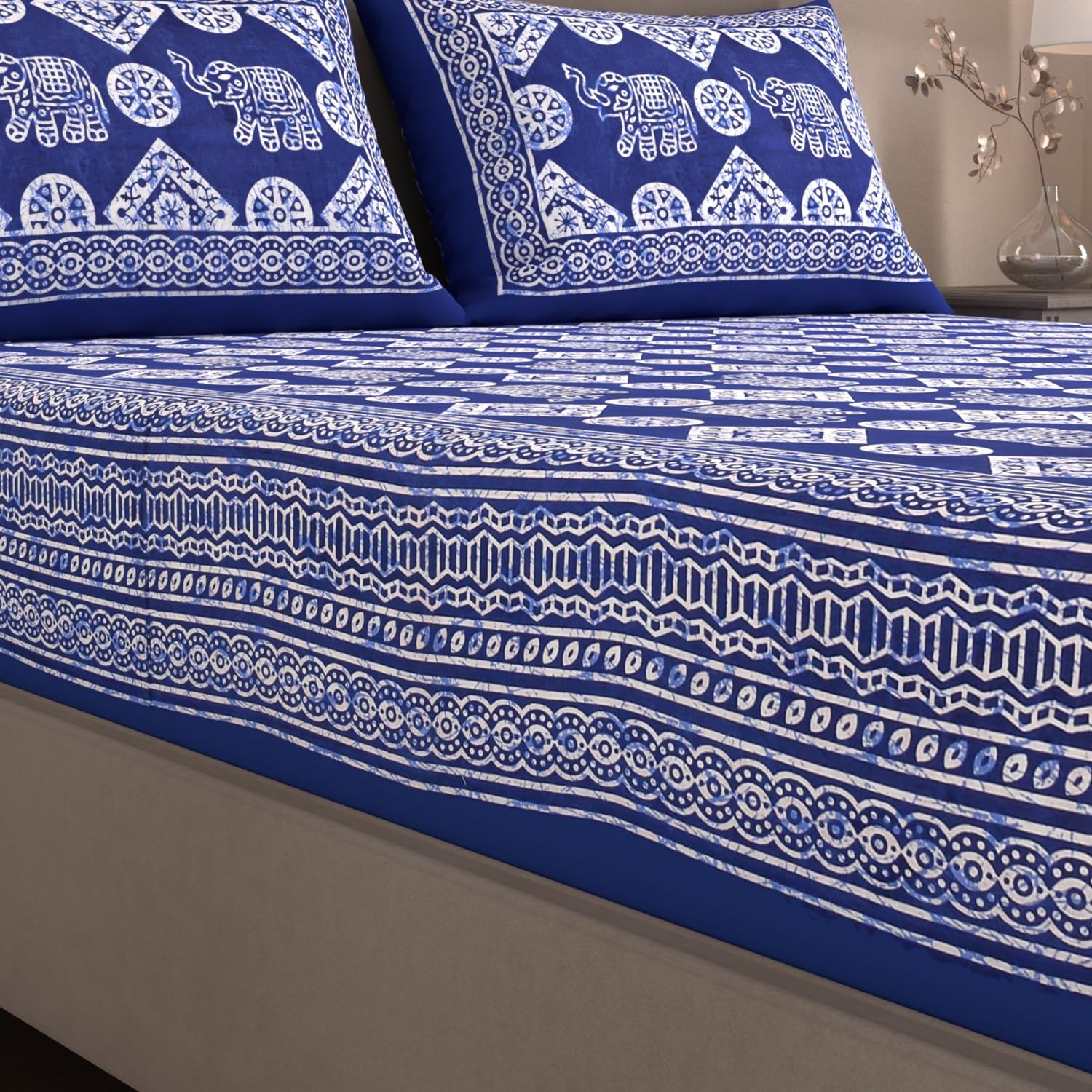 Handloom Printed Double Bedsheet For Queen Size With 2 Matching Pillow Cover | Size 90 X 100 Inches, Blue & White - Cotton Bedsheets For Double Bed | Soft & Smooth