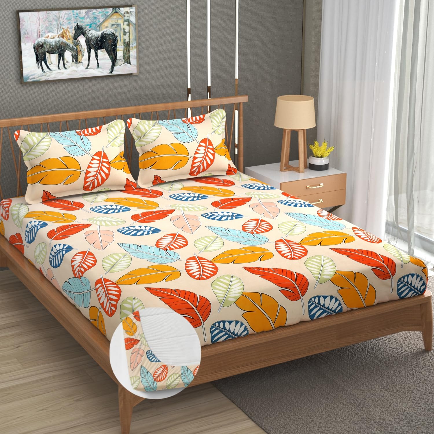 Premium Heavy Cotton Elastic Fitted King Size Bedsheet With 2 Pillow Covers - 72 X 78 X 10 Inches, Multicolor | All Weather Comfort & Bedroom - Softness & Natural Breathability