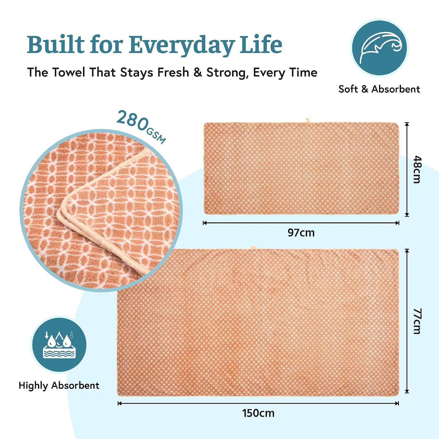 Heart Home Microfiber Bath & Face Towels 700 Gsm | Quick Absorbent Hand Towels For Wash Basin Bathroom & Kitchen Circle (Golden) - Pack Of 2