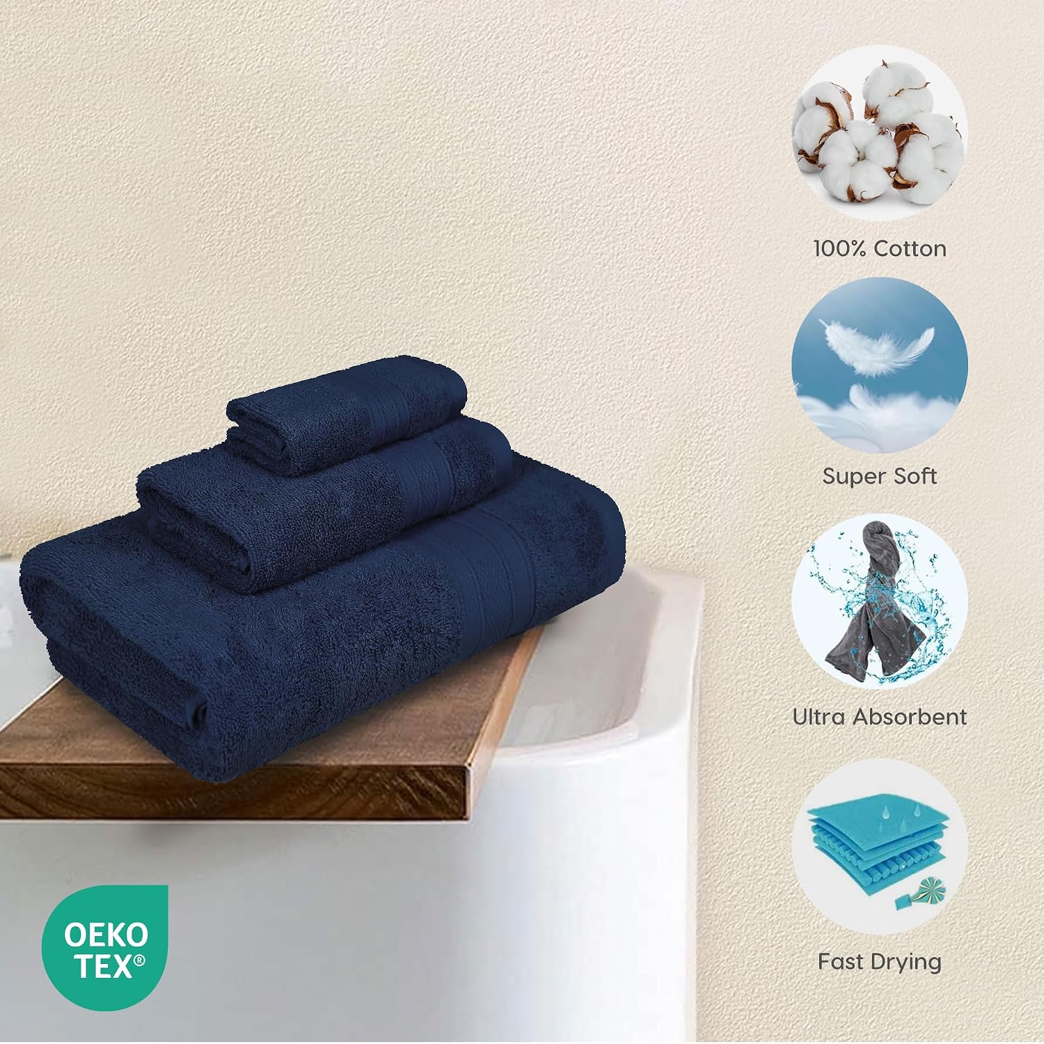 Trident Soft Comfort Air Rich Bath Towels 500 Gsm | 100% Cotton Towel, Super Soft, Highly Absorbent 3 Pieces (Navy)