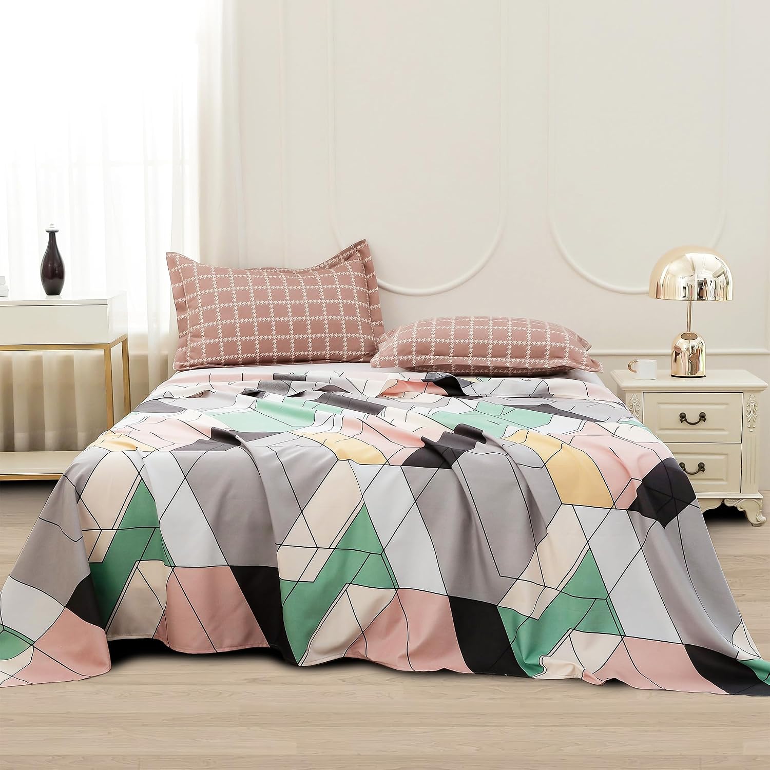 Bedsheets For Double Bed With 2 Pillow Cover - 92 X 98 Inches, Green & Peach | Satin Finish Microfiber Queen Size Bedsheet | Skin Friendly & Breathable Fabric
