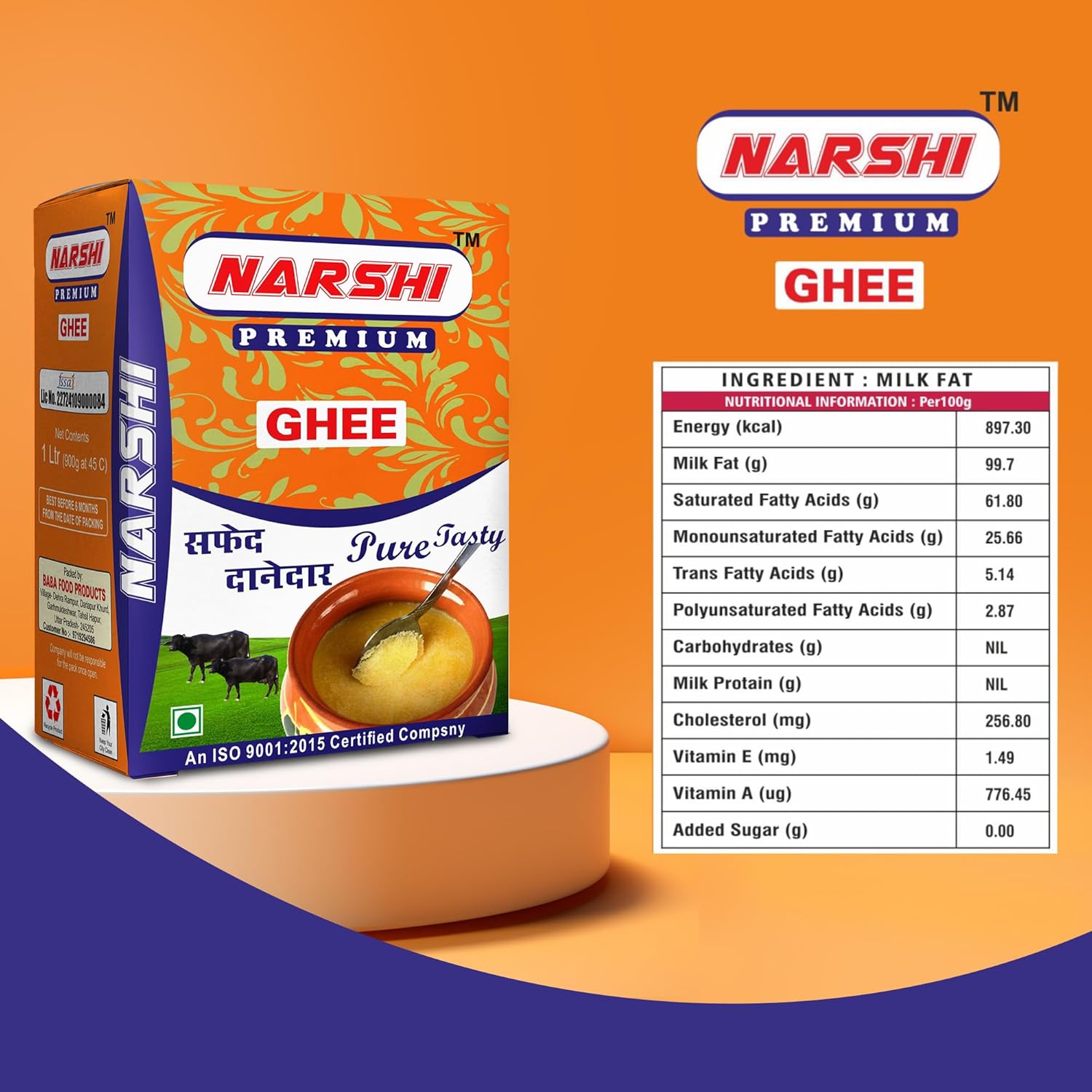 100% Natural Danedar Ghee By Narshi | Good Source Of Vitamin A, Delicious Healthy & Nutritious Traditional Homemade Ghee | (1 Litr) 33.8 Ounce | Box Pack