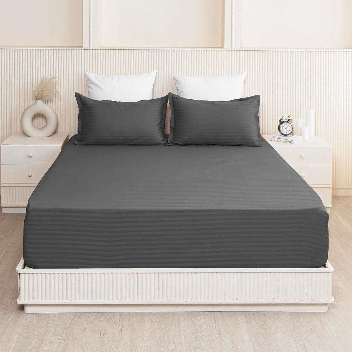 210 TC Cotton Double Bed Fitted Bedsheets With 2 Pillow Cases - 78 X 72 Inches, Grey | Satin Stripes Wrinkle Free | Comfortable Fabric Bedsheet