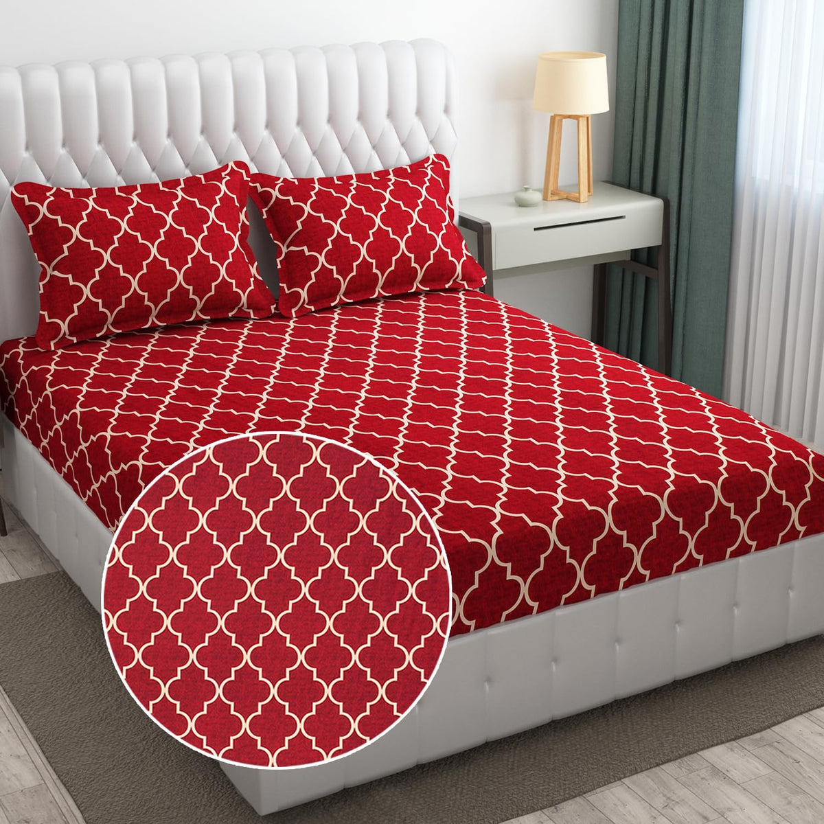 144 TC King Size Bedsheet With 2 Pillow Covers - 90 X 95 Inches | Maroon, Vector Design Bedsheet | Machine Washable & Wrinkle Resistant