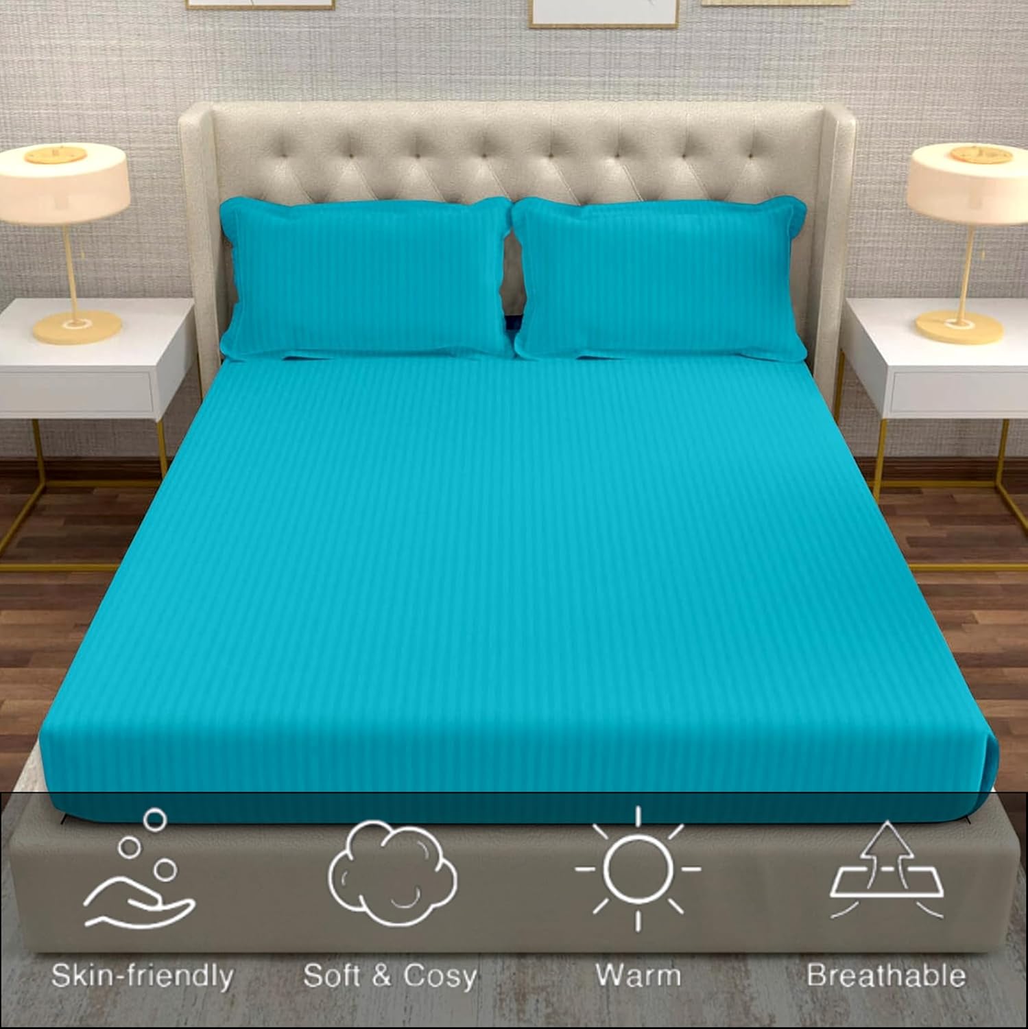 Striped Aqua Bedsheet For King Size With 2 Pillow Cover (90 X 95 Inches) | Softer & Durable For All Season | Ideal For Daily Use Home Bedsheet