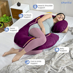 C Shaped Pregnancy Pillow For Maternity & Baby Nursing, Full Body Support, Purple | Abdomen, Spine, Neck & Head Support Cushion | Premium Velvet Outer Cover With Zip, Adjustable Pillow