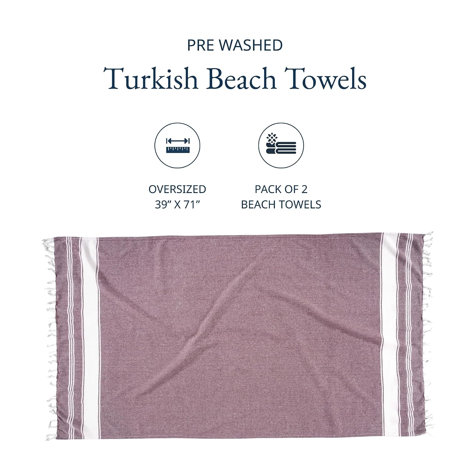 Lane Linen Turkish Beach Towels 699 Gsm | Extra Large Beach Towel, Pre-Washed For Soft Feel, Oversized Sand Free Quick-Dry Pool Towel- Wistful Mauve (2 Pack)