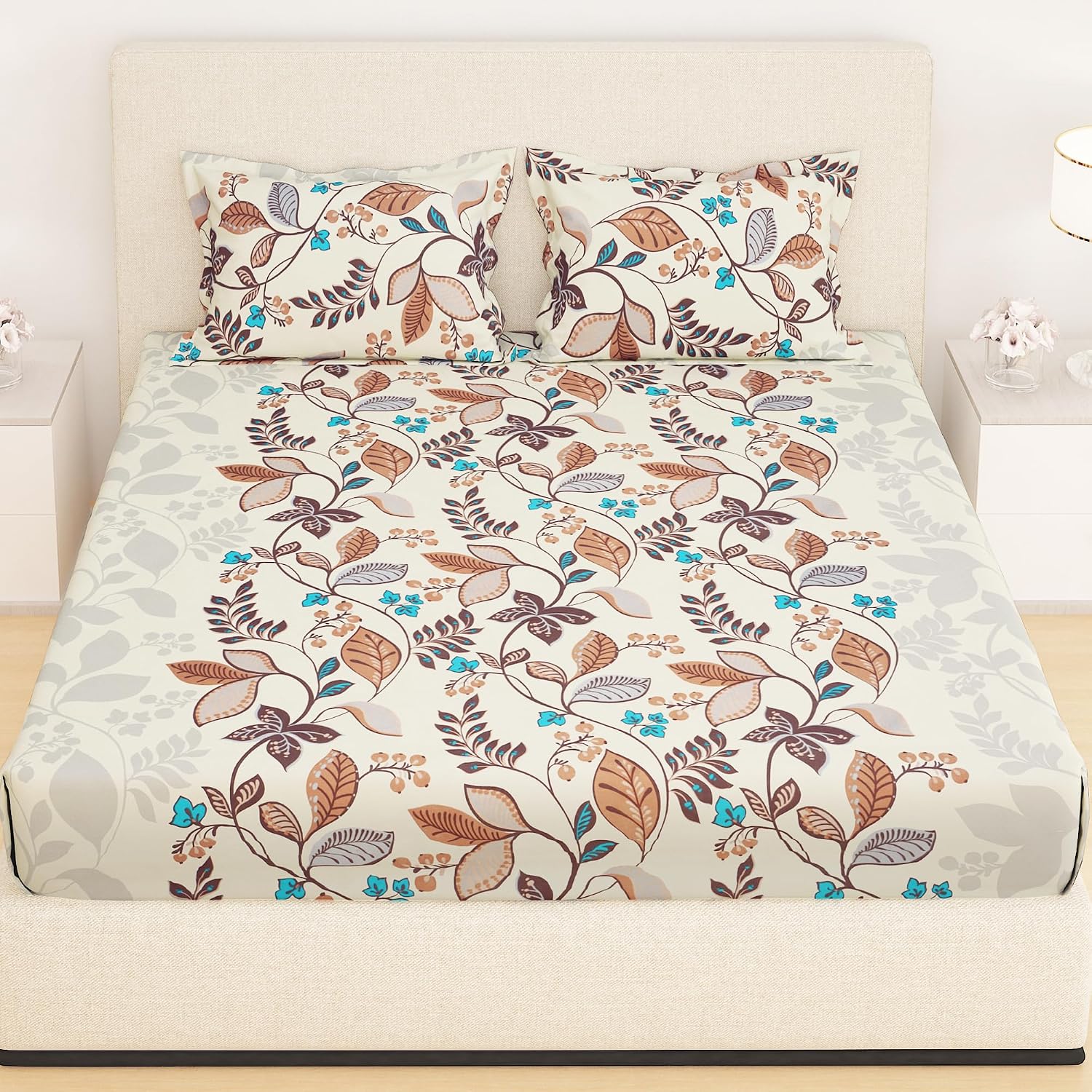 All Around Elastic Fitted Bedsheet With 2 Matching Pillow Covers - 60 X 72 Inches, Beige | Long Lasting Use & Everyday Luxury | Ideal For All Seasons
