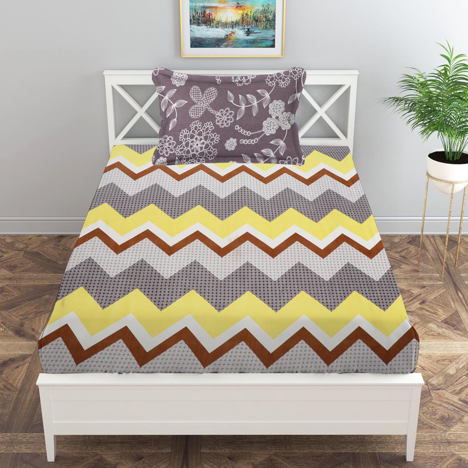 Print Cotton 1 Single Bedsheet With 1 Pillow Cover - 60 X 90 Inches, Grey & Yellow | Soft & Breathable Fabric, Skin-Friendly Bed Sheet For All Seasons