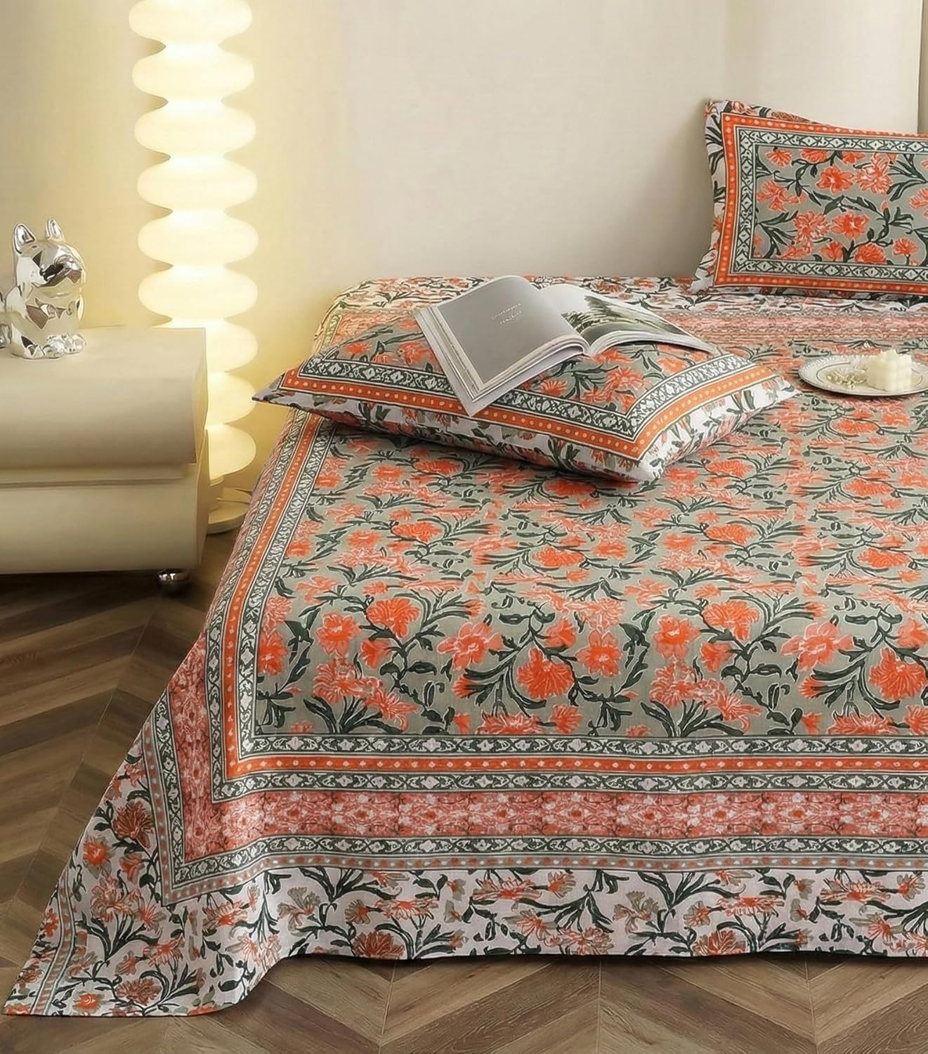Hand Printed Cotton Bedsheet For King Size With 2 Pillow Covers | 90 X 108 Inches, Mustard | Ultra-Soft & Skin-Safe | Breathable Summer Comfort