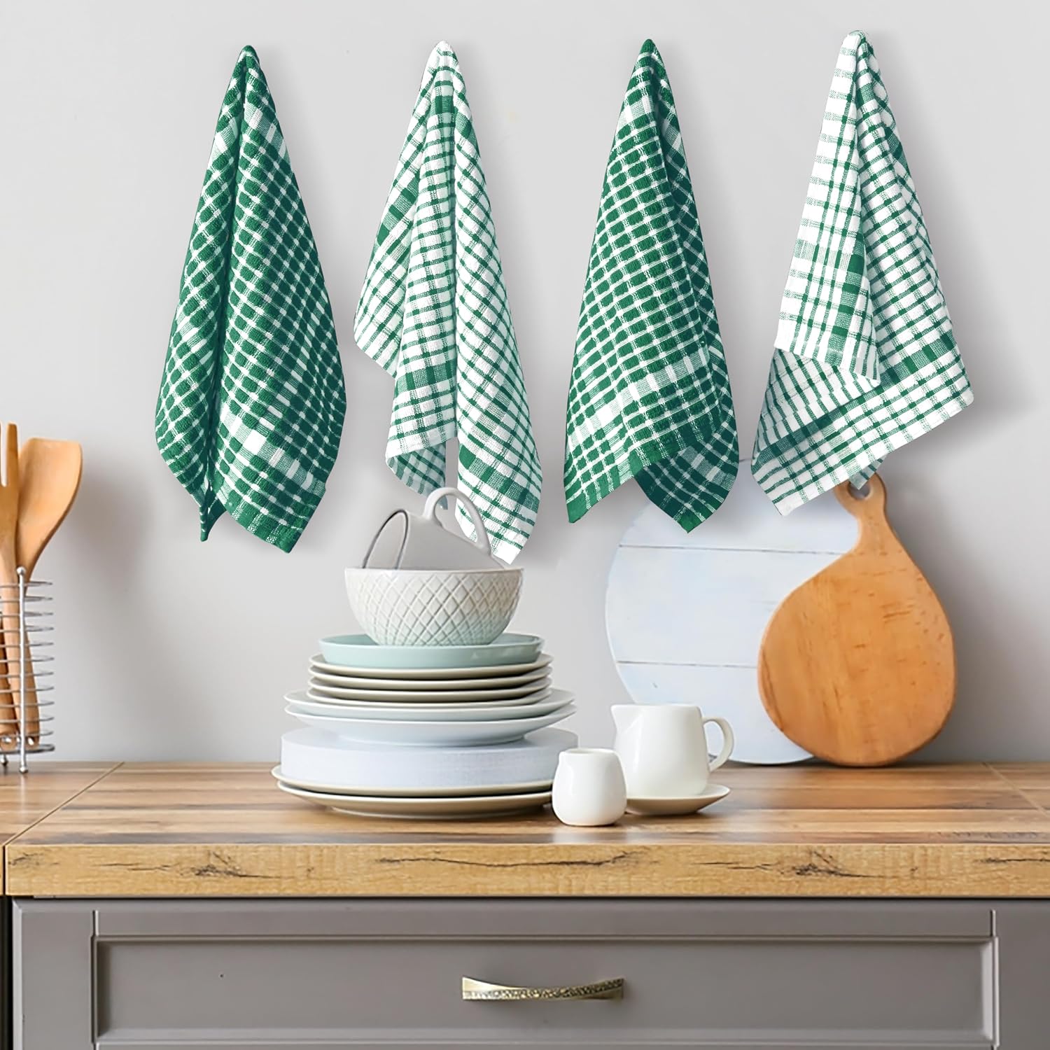 Furnofy Kitchen Cleaning Towel 340 Gsm | Soft & Absorbent Hand Towel For Kitchen Cleaning & Quick Drying Of Plates & Glasses (Green)- Set Of 4