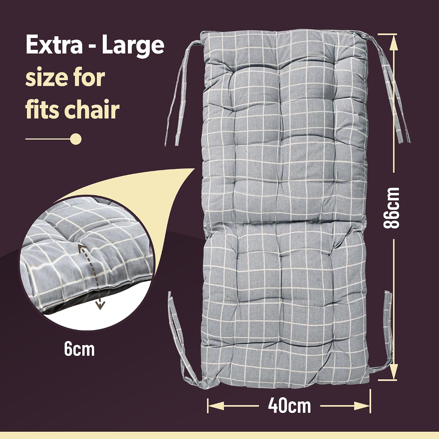 Long Comfortable Rocking Chair Cushion With Ties, Check Printed - Grey - 18 X 36 Inch | Back Rest & Seat Cushions Chair Pad, For Rocking Chairs | Chair Cotton Cushion For Office & Home Use