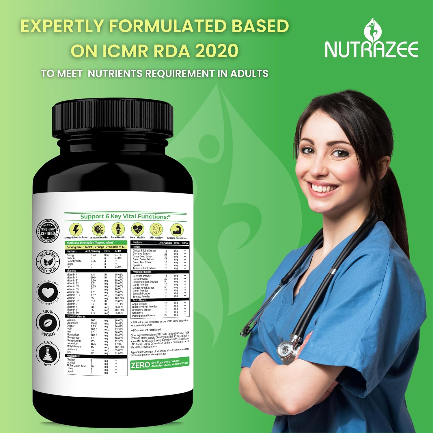 Nutrazee Multivitazee Multivitamin & Minerals Supplement For Men & Women With Superfood Natural Fruit, Vegetable & Herbal Greens | 60 Vegan Tablets , 100gm 0.2lbs