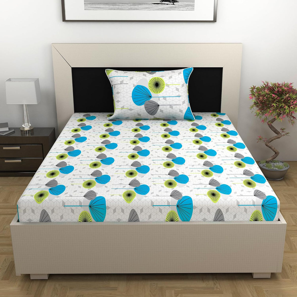 1 Single Bedsheet With 1 Pillow Cover - 57 X 87 Inches, White & Grey | Skin Friendly Fabric For Everyday Use - Soft, Breathable & Comfortable Sleeping