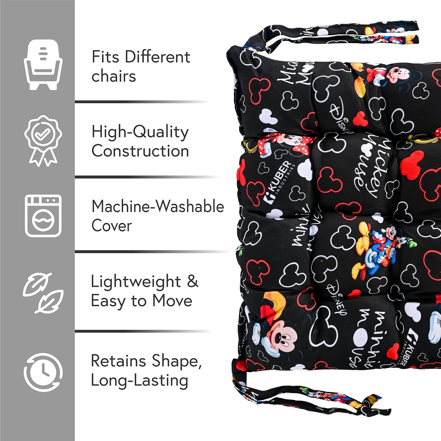 Soft & Comfort Chair Cushion Pad With Ties, Sitting Pillow, Disney Print - Black | Square Shape Pillow Gaddi For Office, Study Chair, Sofa, Pooja Room | Pain Relief Seat Cushion - 6 Pcs