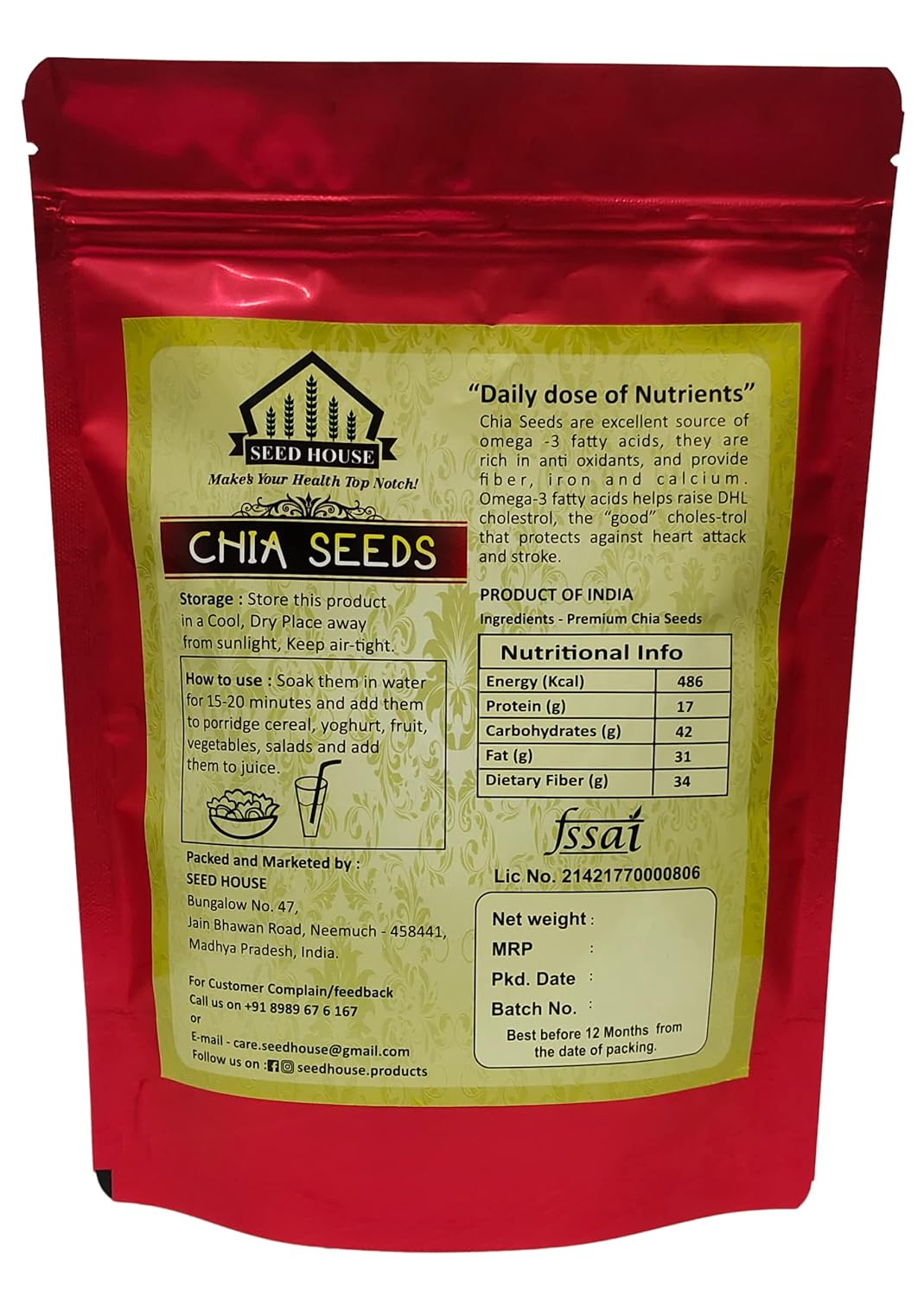 Seed House Premium Chia Seeds Rich In Omega 3 & Fibre Chia Seeds For Weight Loss Supports Skin Health & Digestive System | 500gm 1.1lbs