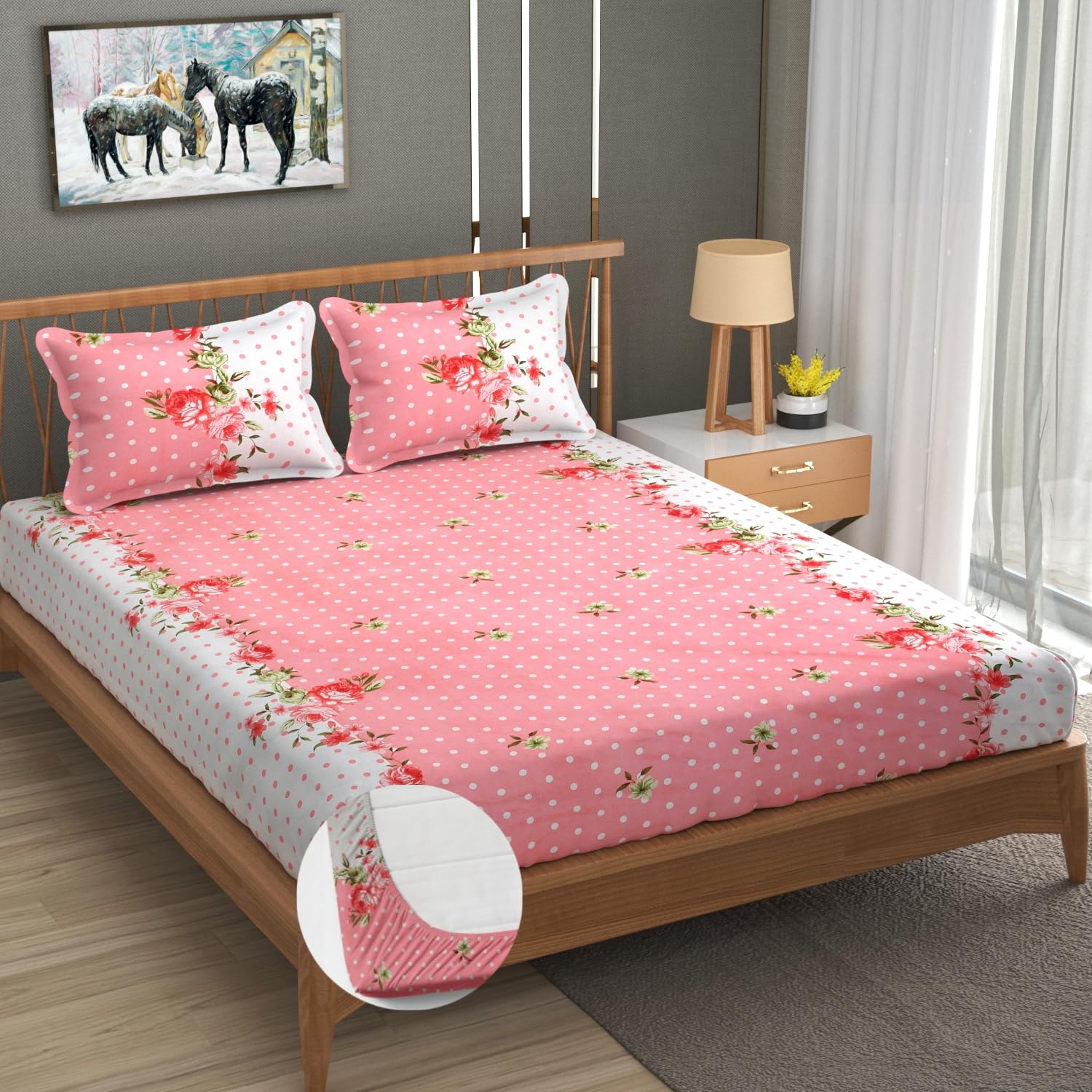 Premium Heavy Cotton Elastic Fitted King Size Bedsheet With 2 Pillow Covers - 72 X 78 X 10 Inches, Pink & White | All Weather Comfort & Bedroom