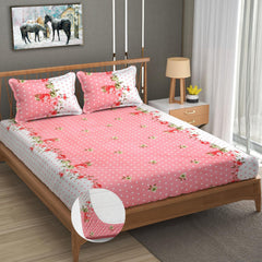 Premium Heavy Cotton Elastic Fitted King Size Bedsheet With 2 Pillow Covers - 72 X 78 X 10 Inches, Pink & White | All Weather Comfort & Bedroom