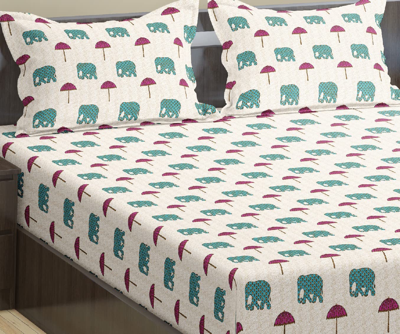 Jaipuri Design Cotton King Size Printed Bedsheet With 2 Pillow Covers - 108 X 108 Inches, Cream & Teal | Ideal For Home Use & Perfect For Gifting On Weddings, Housewarmings & Festivals