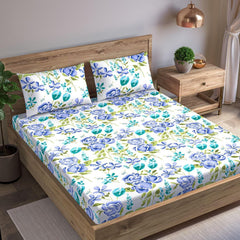 King Size For Double Bedsheet Elastic Fitted With 2 Pillow Cover - 72 X 75 Inches, White & Blue | Lightweight & Breathable, For Bedroom & Gifting Bedsheet