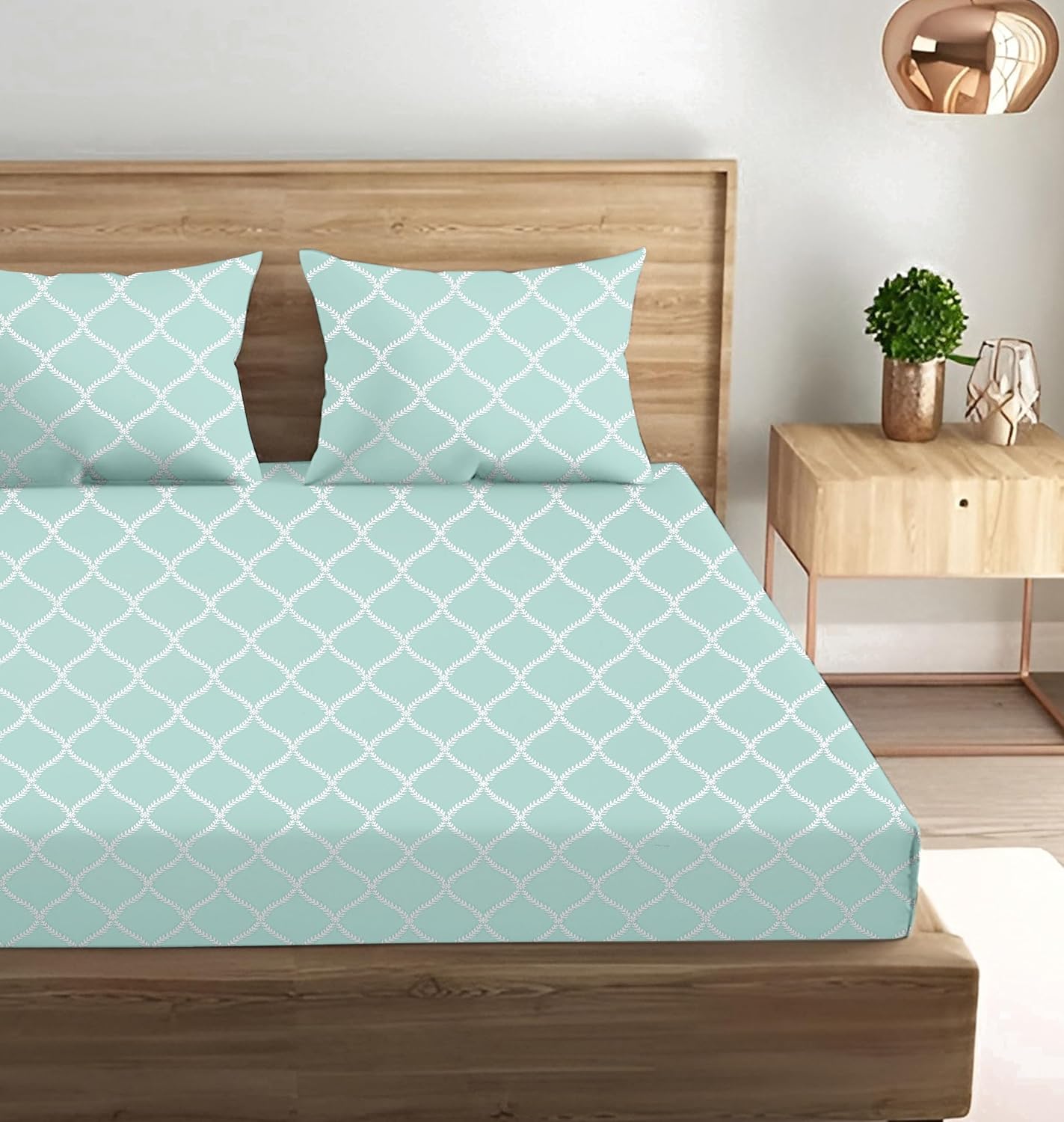 King Size Fitted Bedsheet With 2 Large Pillow Covers - 108 X 108 Inches, Sea Green & White | Soft, Breathable & Durable | Wrinkle Resistant