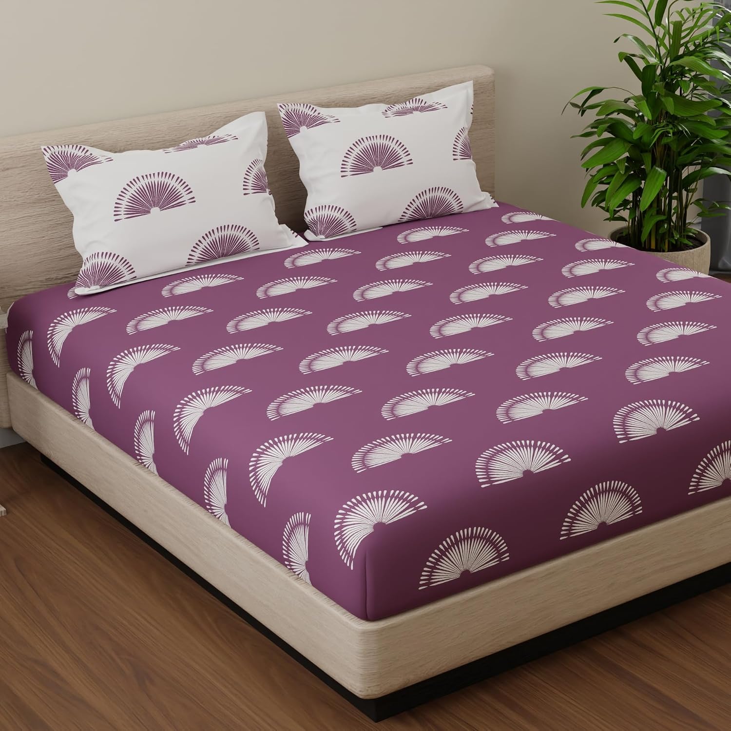 Cotton Elastic Fitted Bedsheet For King Size With 2 Pillow Covers - 72 X 78 Inches, Purple & White | Ideal For Guest Room, Hotel Quality | 3 Piece Bed Sheet