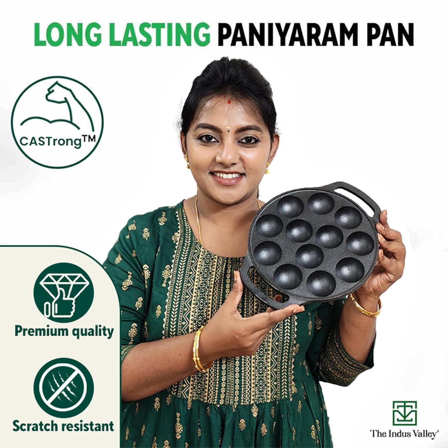 Pre-Seasoned Black Cast Iron Paniyaram Pan With Loop Handle & Silicon Grip - Medium, 12 Pits, 8.3 Inch, 21 Cm, 2 Kg | Nonstick Appe Or Paddu Pan, 100% Pure & Toxin-Free, No Chemical Coating