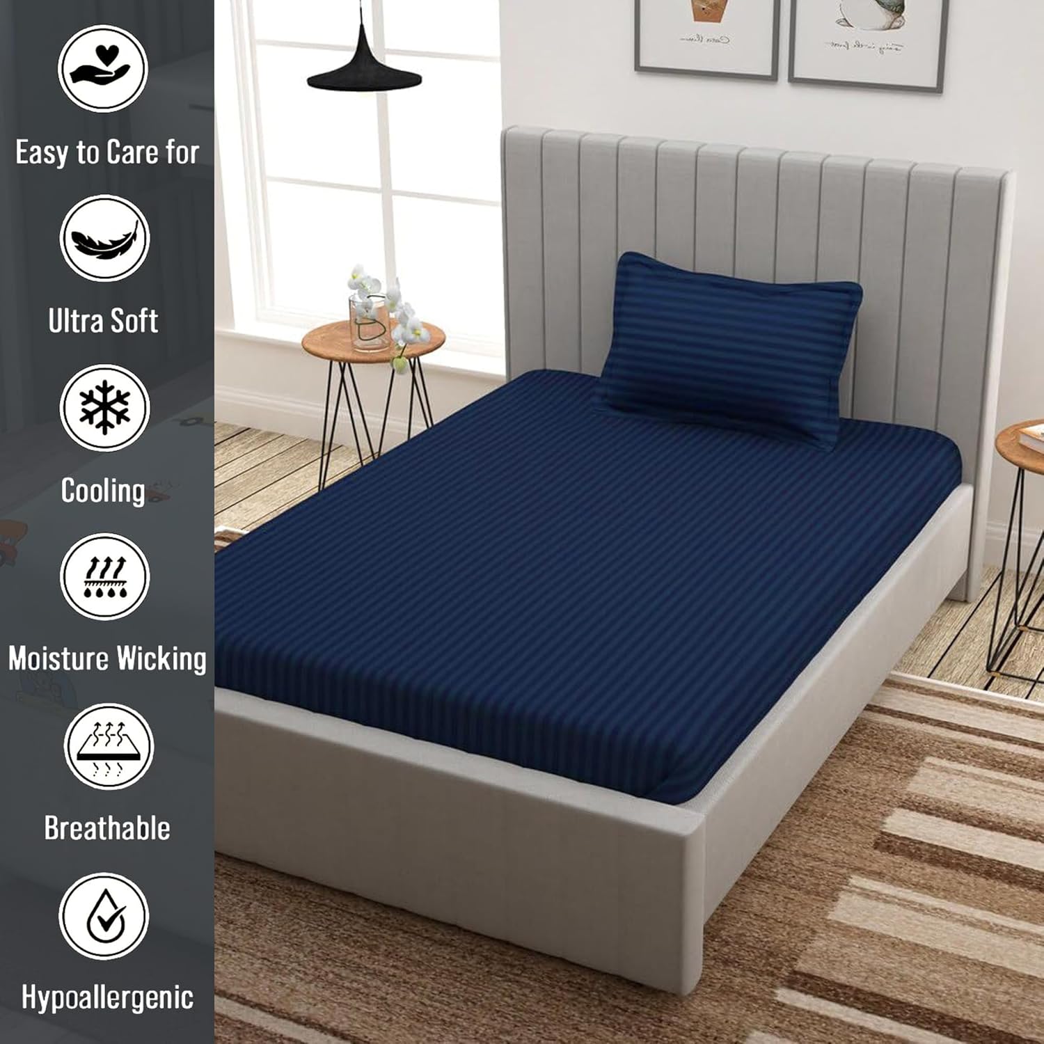 Striped Single Bedsheet With 1 Pillow Cover 60 X 90 Inches, Navy Blue | Comfortable & Durable | Elegant Printed Bedding Set For Daily Use