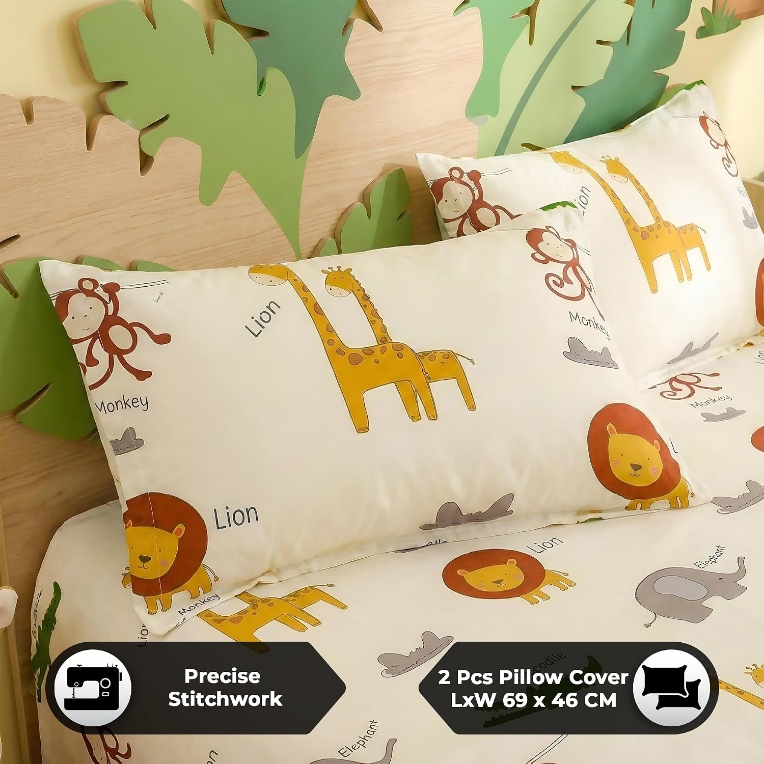 Kids Double Bed Bedsheet Set With 2 Pillow Covers - 88 X 100 Inches, Off White & Brown | Soft Bedding For Boys & Girls | Jungle Safari Print