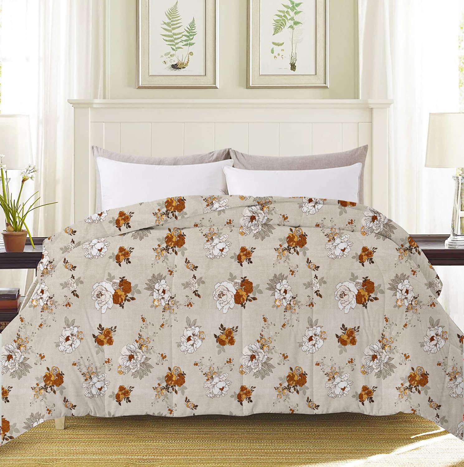 1 Double Bedsheet & 2 Pillow Covers With 1 Comforter Set - 90 X 100 Inches, Off White & Brown | Super Soft Glace Cotton King Size - 4 Pcs Bedding Set | Perfect Gifts Set Wedding, Anniversary